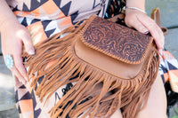Genuine Leather Tooled Fringe Crossbody Purse