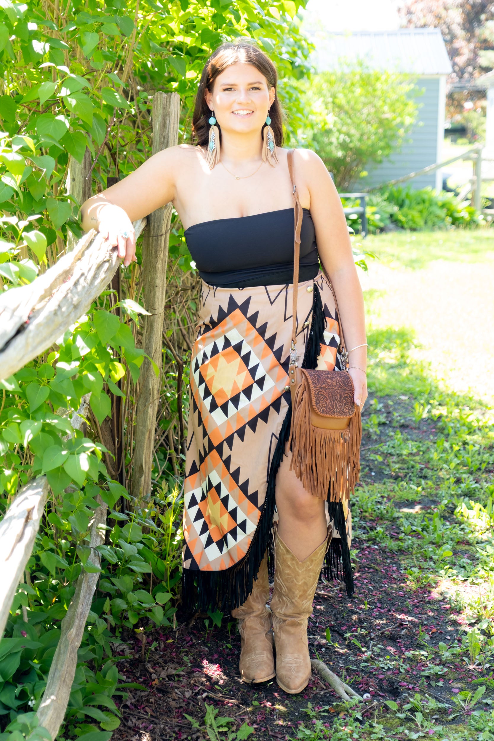 Aztec Asymmetrical Concho Button Wrap Fringe Skirt Lucky & Blessed