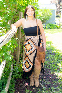 Aztec Asymmetrical Concho Button Wrap Fringe Skirt