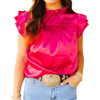 Women's Pink Satin Pleated Ruffle Sleeveless Top