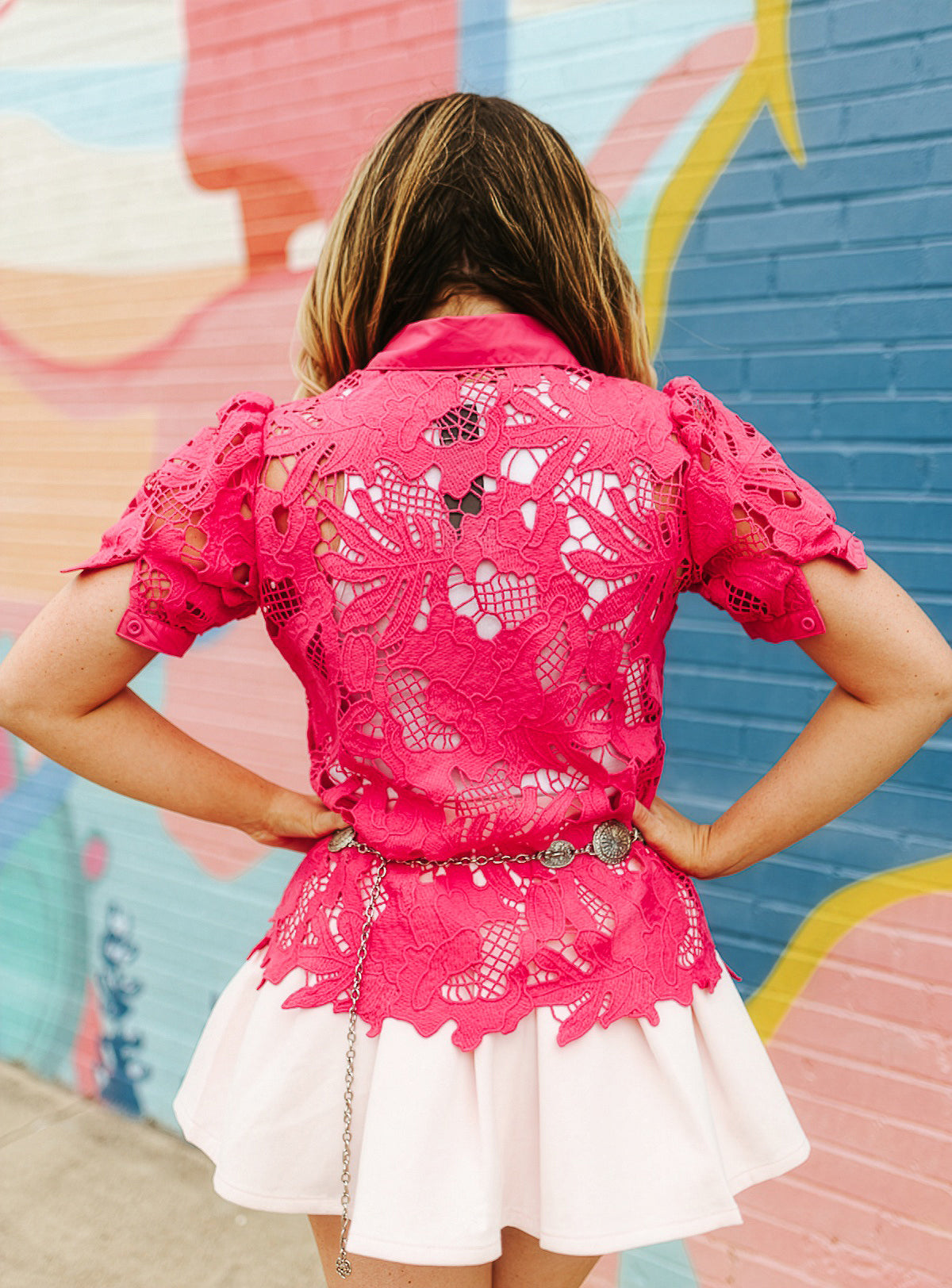 Women's Floral Crochet Button Down Puff Short Sleeve Top