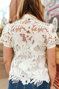 Women's Floral Crochet Button Down Puff Short Sleeve Top