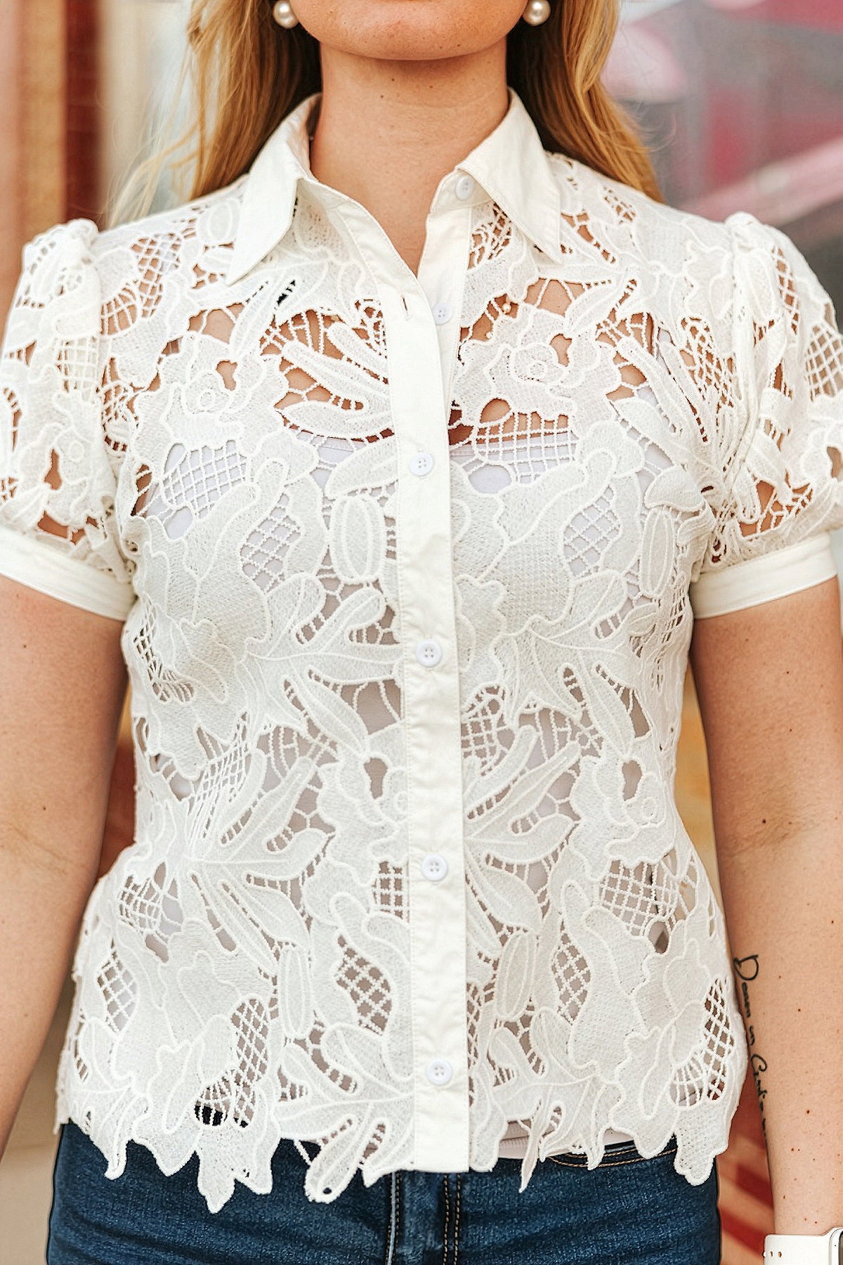 Women's Floral Crochet Button Down Puff Short Sleeve Top