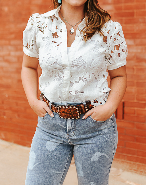 Women's Floral Crochet Button Down Puff Short Sleeve Top
