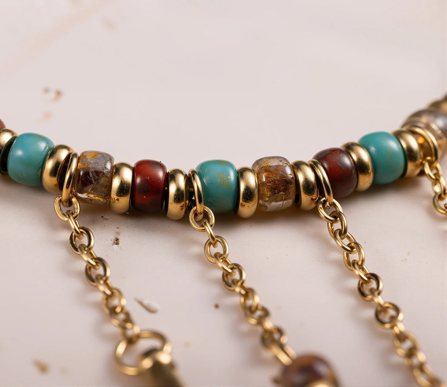 Natural Stone Dangling Charms Hoop Earrings 14K Gold