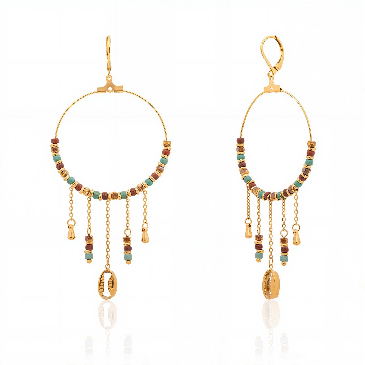 Natural Stone Dangling Charms Hoop Earrings 14K Gold