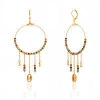Natural Stone Dangling Charms Hoop Earrings 14K Gold