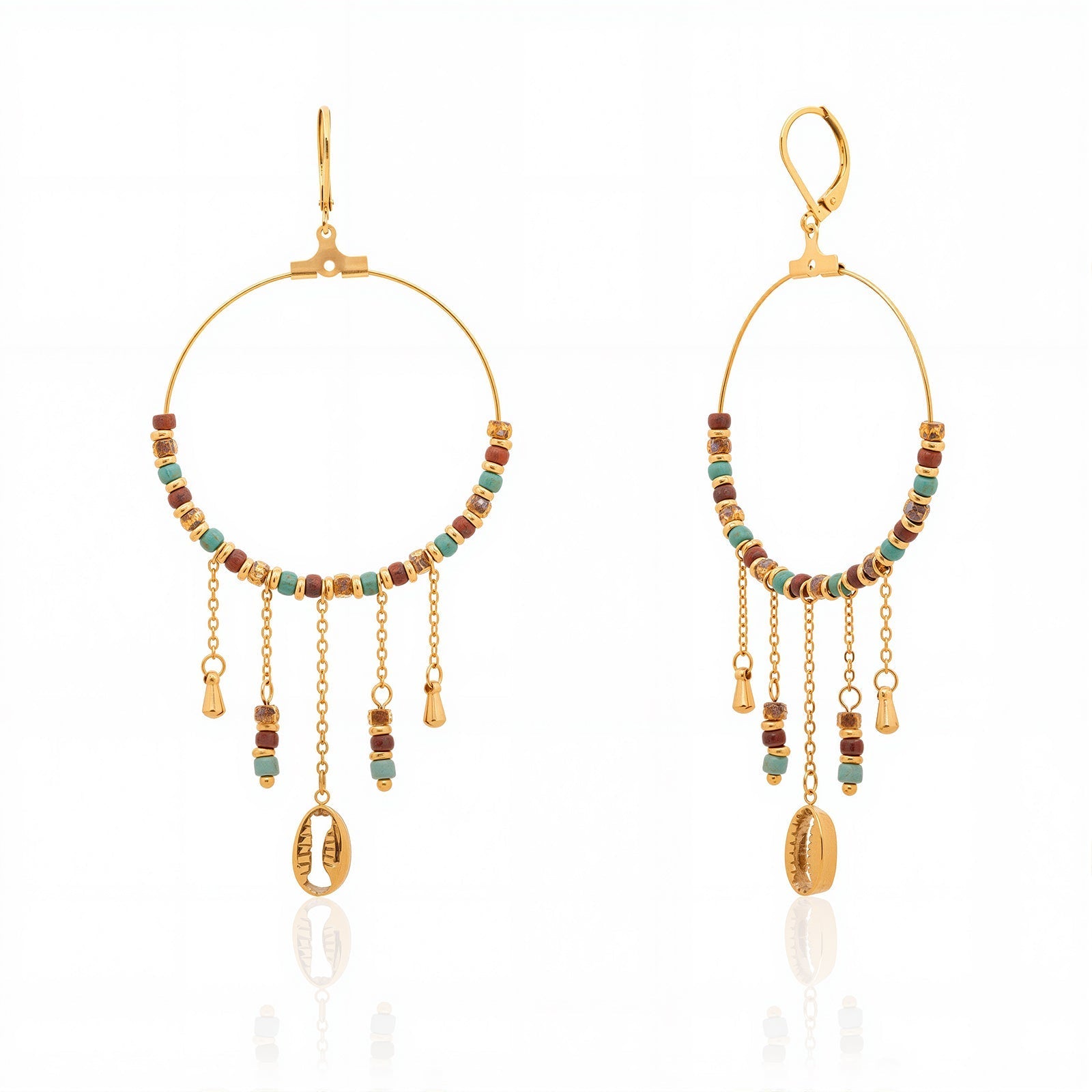 Natural Stone Dangling Charms Hoop Earrings 14K Gold