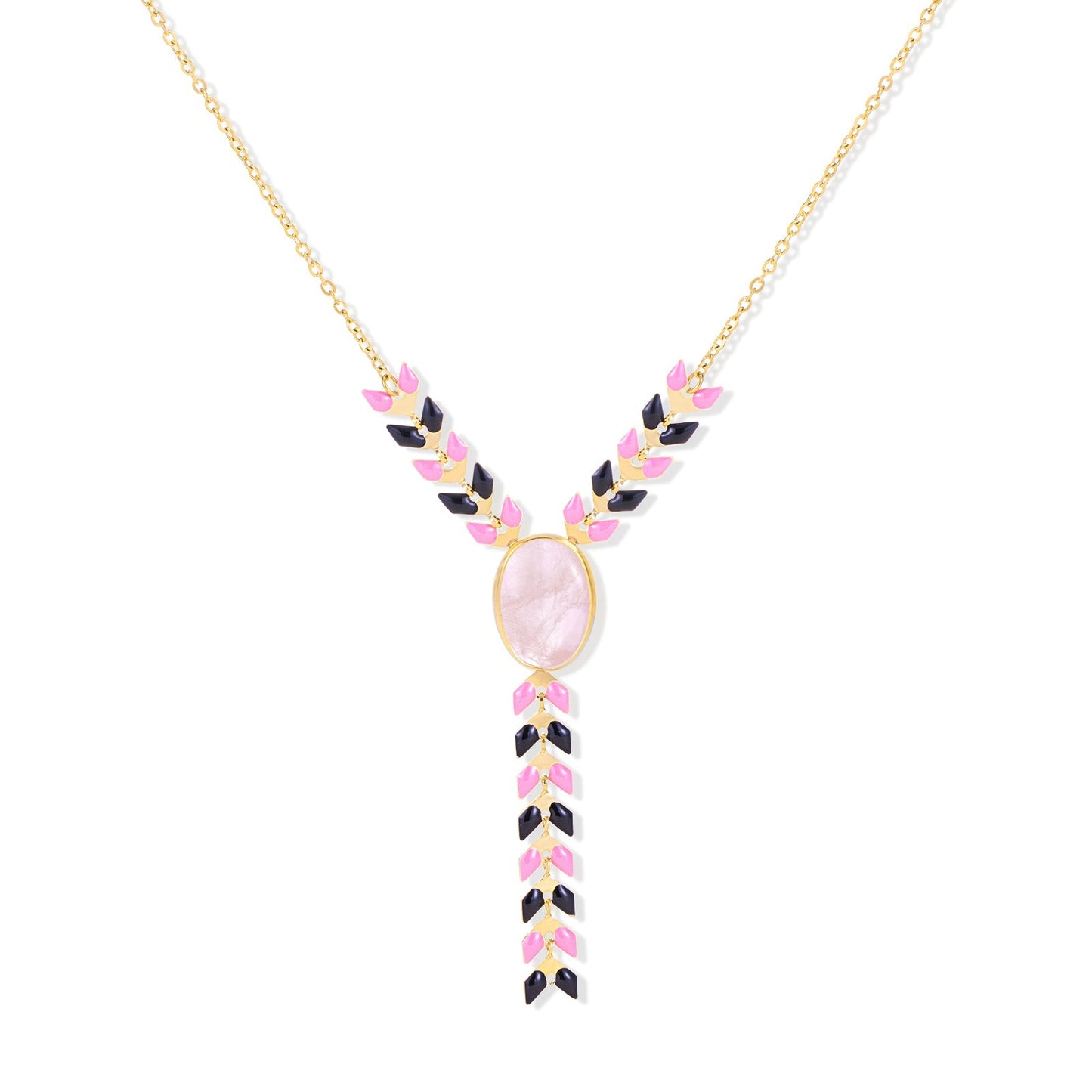 Natural Oval Stone Y-Shape Pendant Necklace 14K Gold