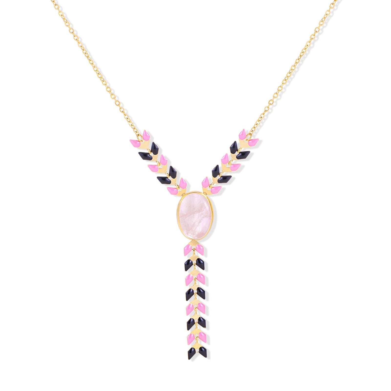 Natural Oval Stone Y-Shape Pendant Necklace 14K Gold