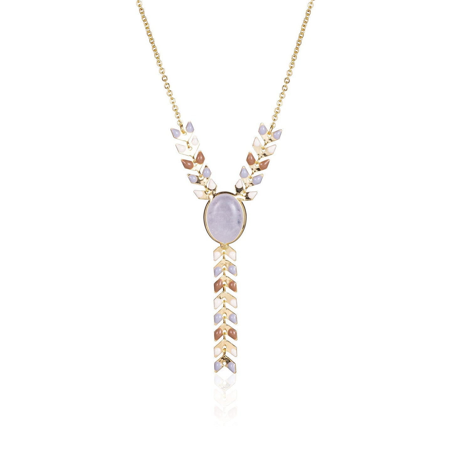 Natural Oval Stone Y-Shape Pendant Necklace 14K Gold