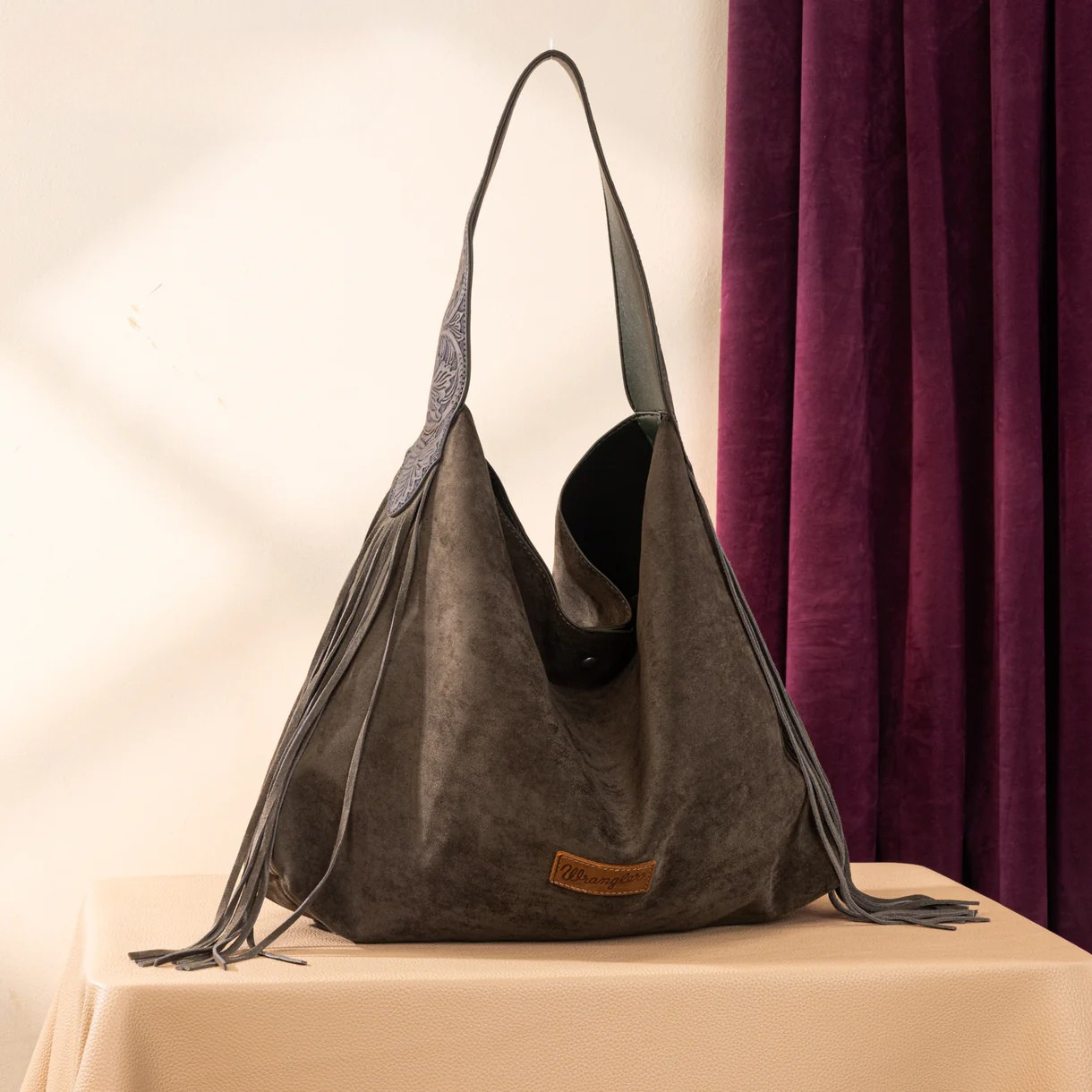 Fringe Floral Tooled Hobo Bag