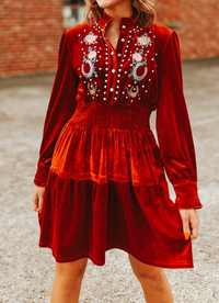 Women's Velvet Embroidered Elastic Waist Ruffle Dress