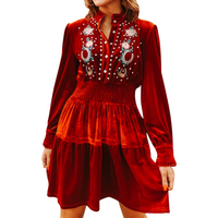Women's Velvet Embroidered Elastic Waist Ruffle Dress