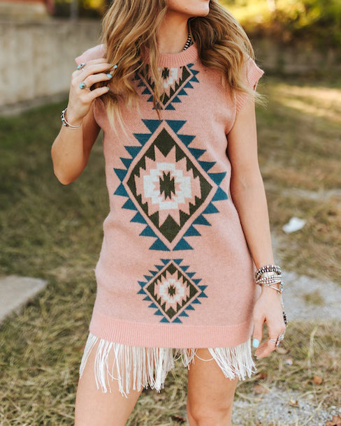 Women's Aztec Knit Sleeveless Sweater Dress