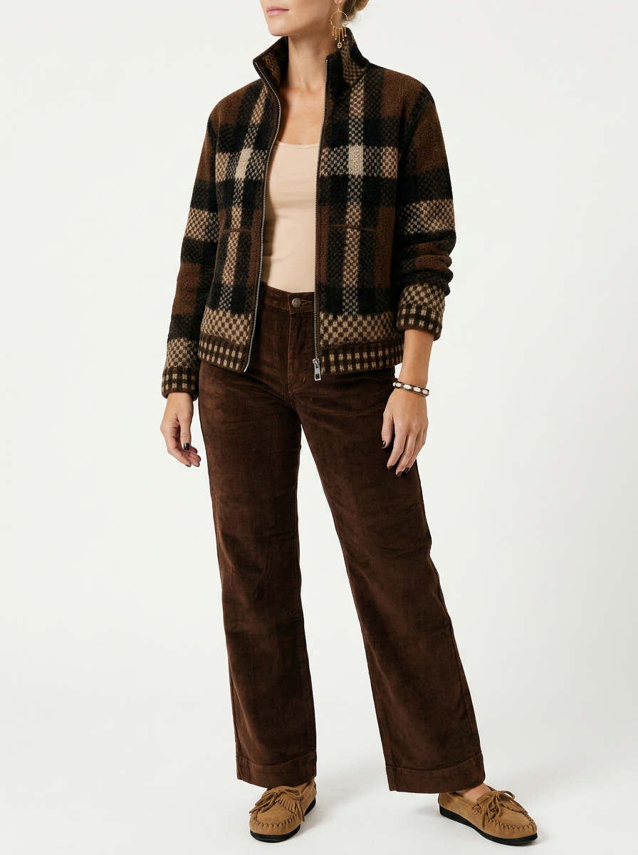Women's High-Neck Plaid Zip-Up Cardigan Sweatshirt