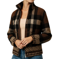 Women's High-Neck Plaid Zip-Up Cardigan Sweatshirt