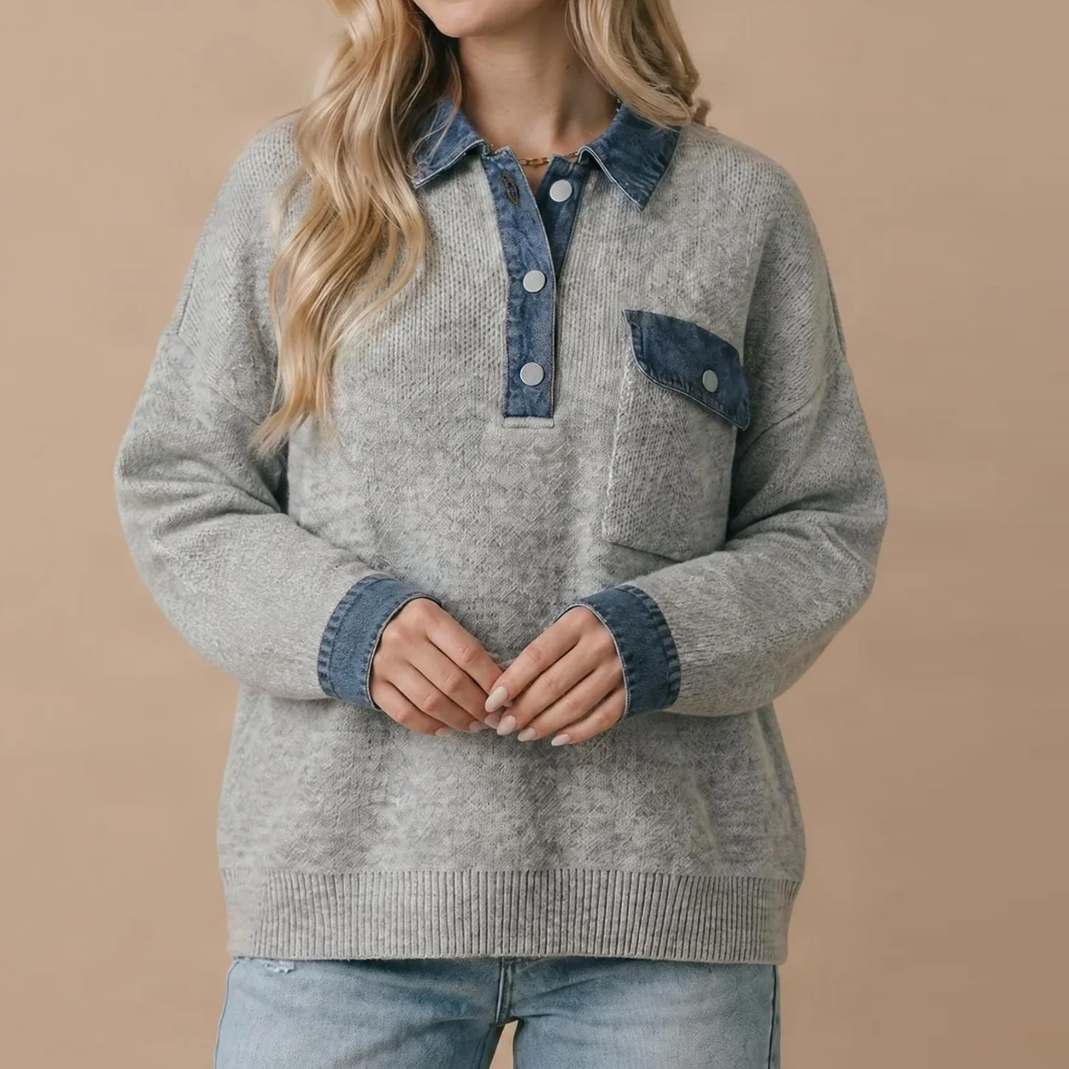 Women's Denim Collar & Cuff Knit Sweater