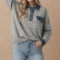 Women's Denim Collar & Cuff Knit Sweater