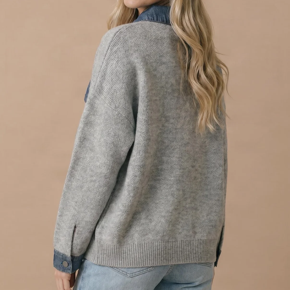 Women's Denim Collar & Cuff Knit Sweater