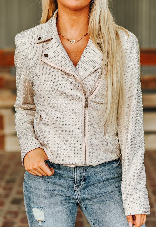 Women's Beige Rhinestone Zip-Up Moto Jacket