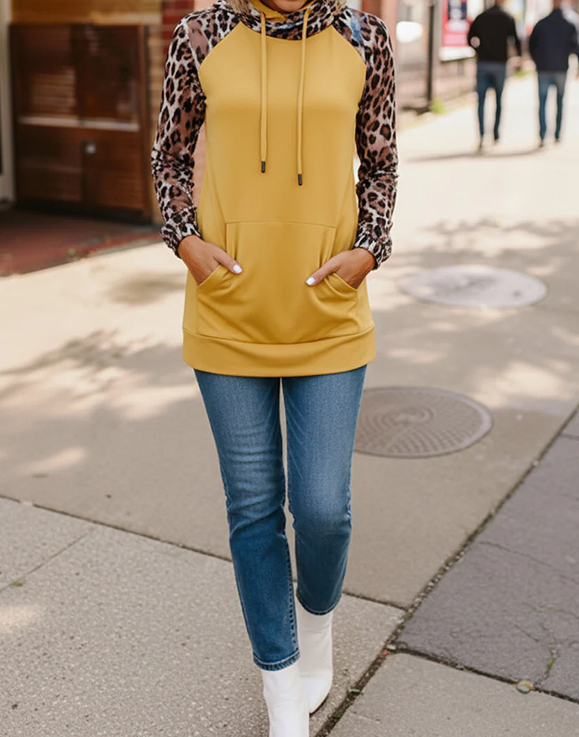 Women's Mustard Double Hood Feather Print Top