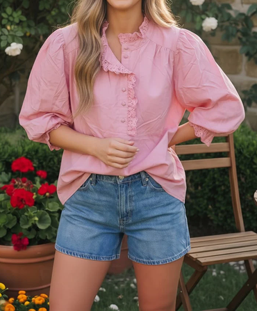 Women's Eyelet Trim Ruffle Neck Blouse
