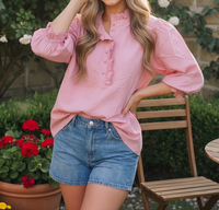 Women's Eyelet Trim Ruffle Neck Blouse