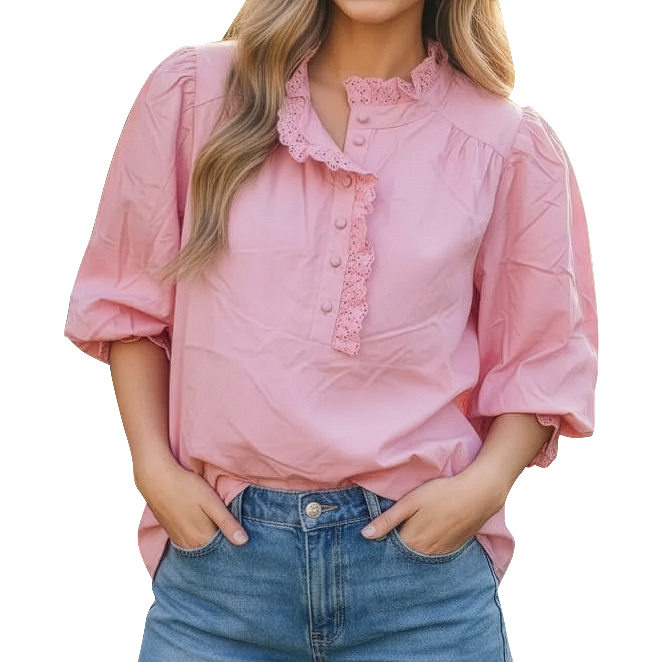Women's Eyelet Trim Ruffle Neck Blouse