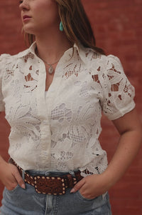 Women's Floral Crochet Button Down Puff Short Sleeve Top
