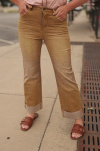 Women's Camel Wash Denim Rhinestone Detail Cuffed Wide Leg High Rise Jeans